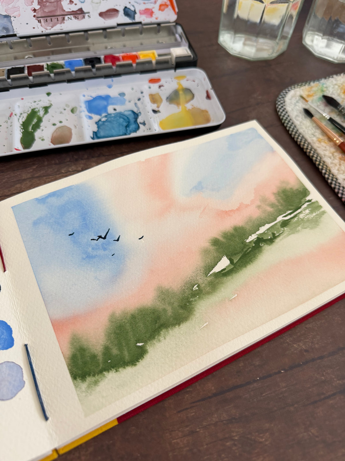 Carnet d'aquarelle A5 paysage - Reliure copte - Mikado bleu