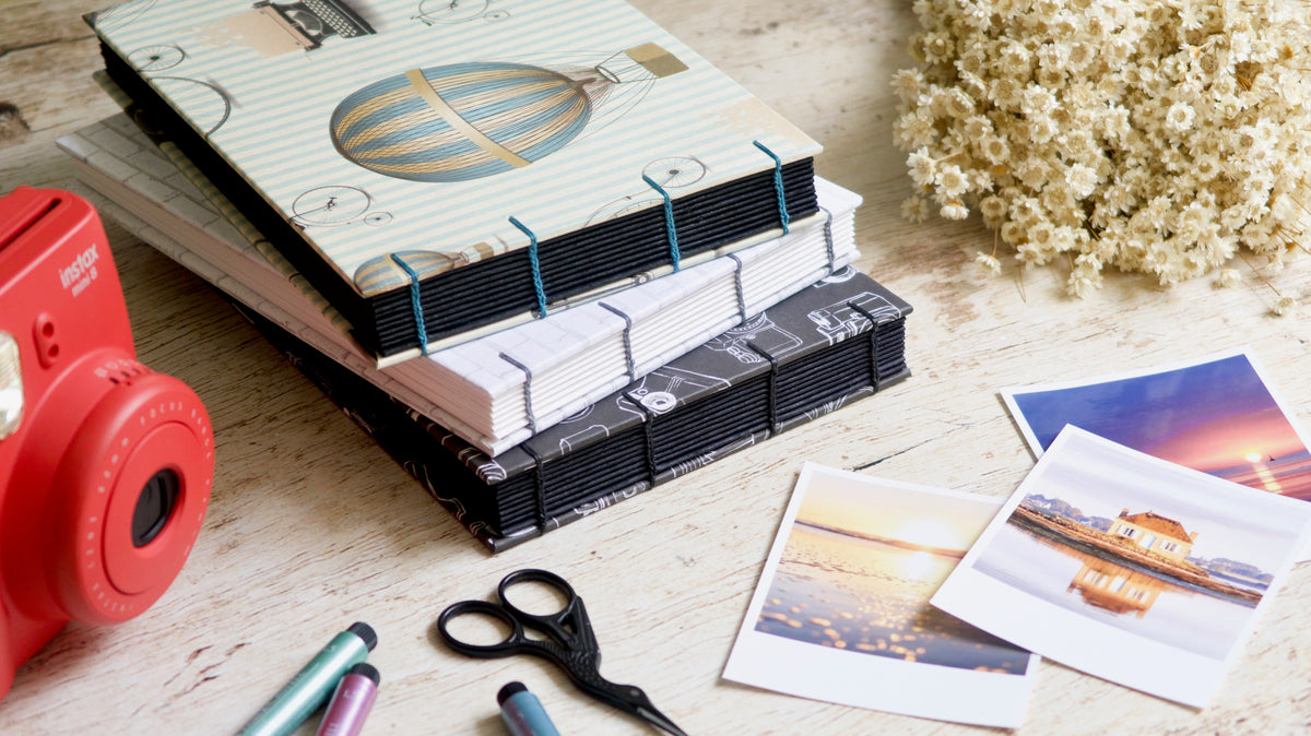 Album photos A5 paysage personnalisable reliure copte fait main, papier de ouverture au choix