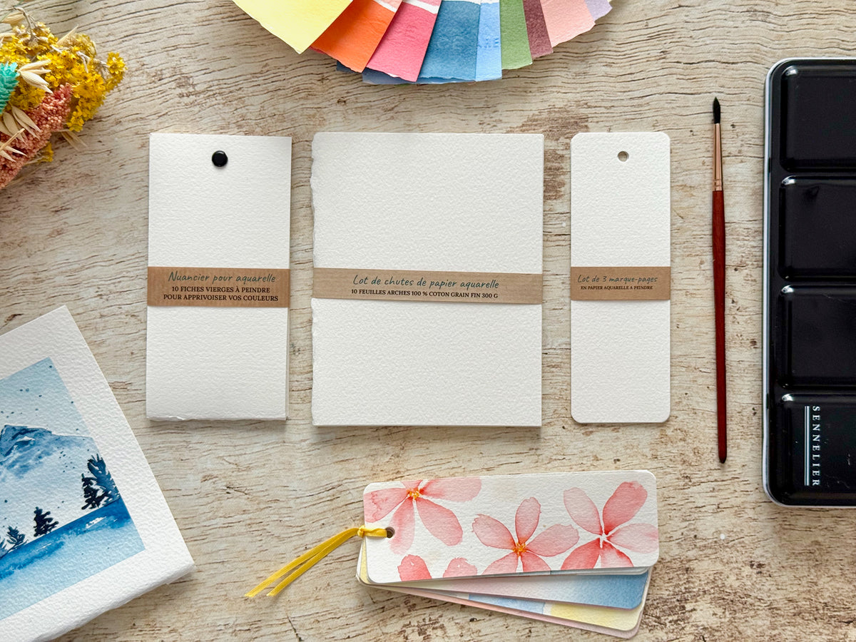 Lot de 3 produits pour découvrir les papiers aquarelle, nuancier, marque-pages